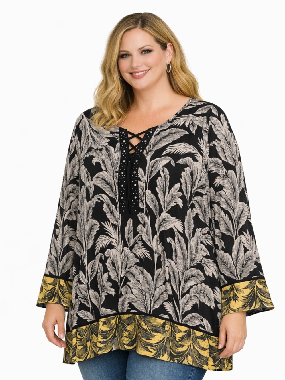 Catherines 5X Women's Black and Yellow angel sleeve Tunic Blouse P2P:37” L:34”